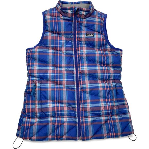 Patagonia Goose Down Plaid Blue Puffer Ski Snow Vest Jacket Girls Large 12 - Picture 1 of 11